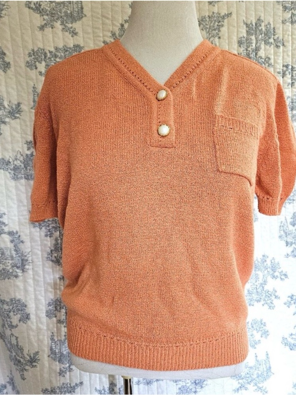 Size L Vintage 1990s Fairset Short Sleeve Sweater stretch pearl buttons poof